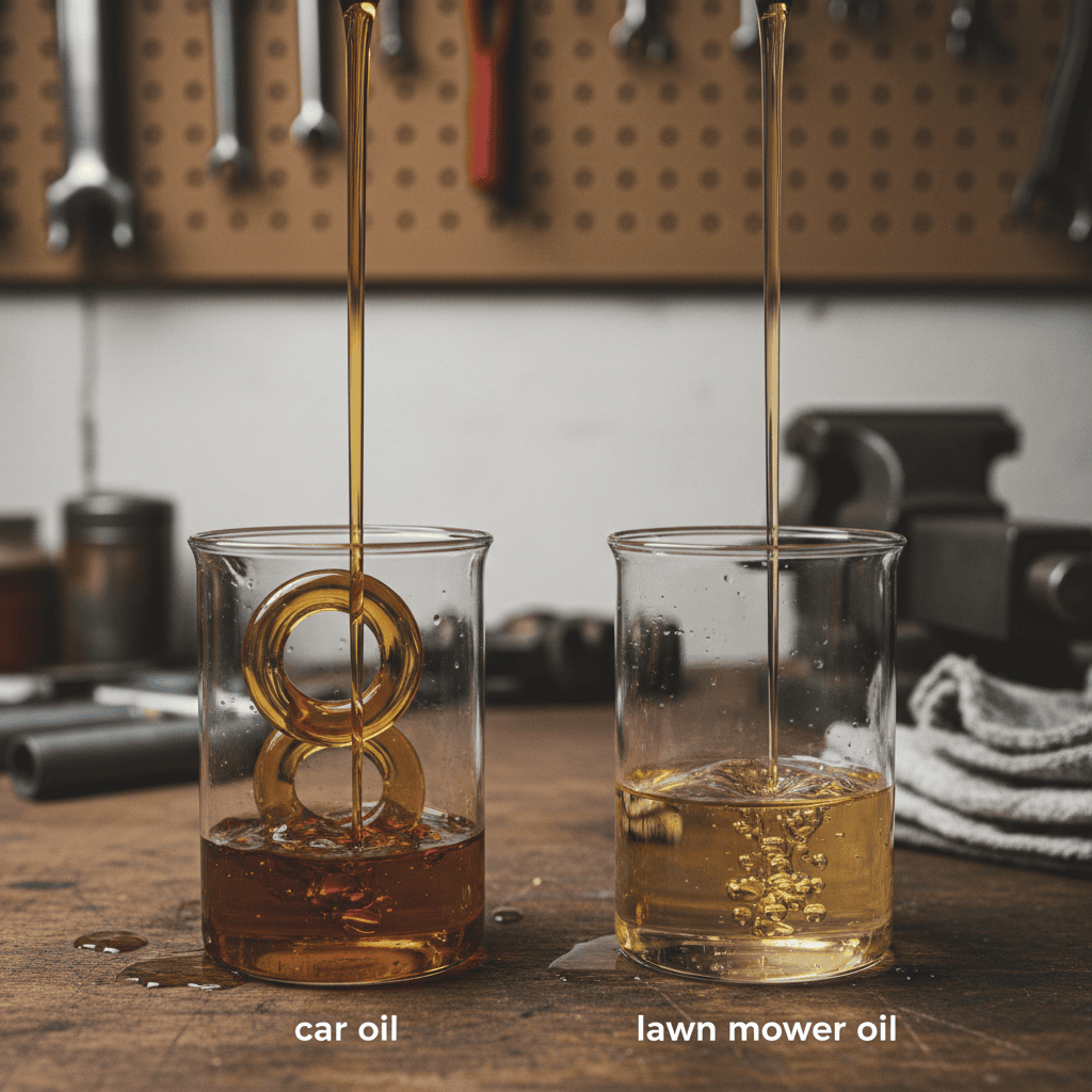 Close-up of two different types of motor oil being poured, showing viscosity differences.