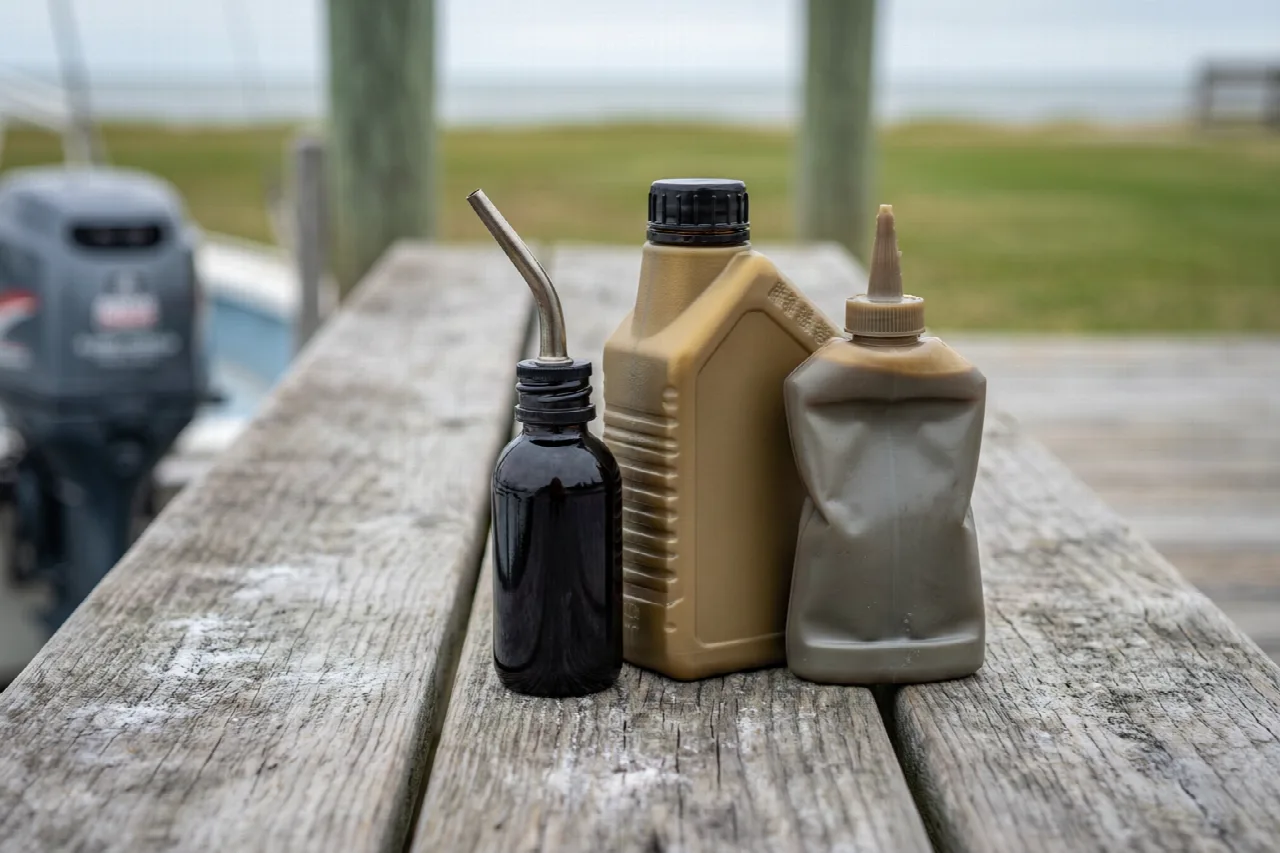 Three different unlabeled oil bottles on a dock near an outboard motor