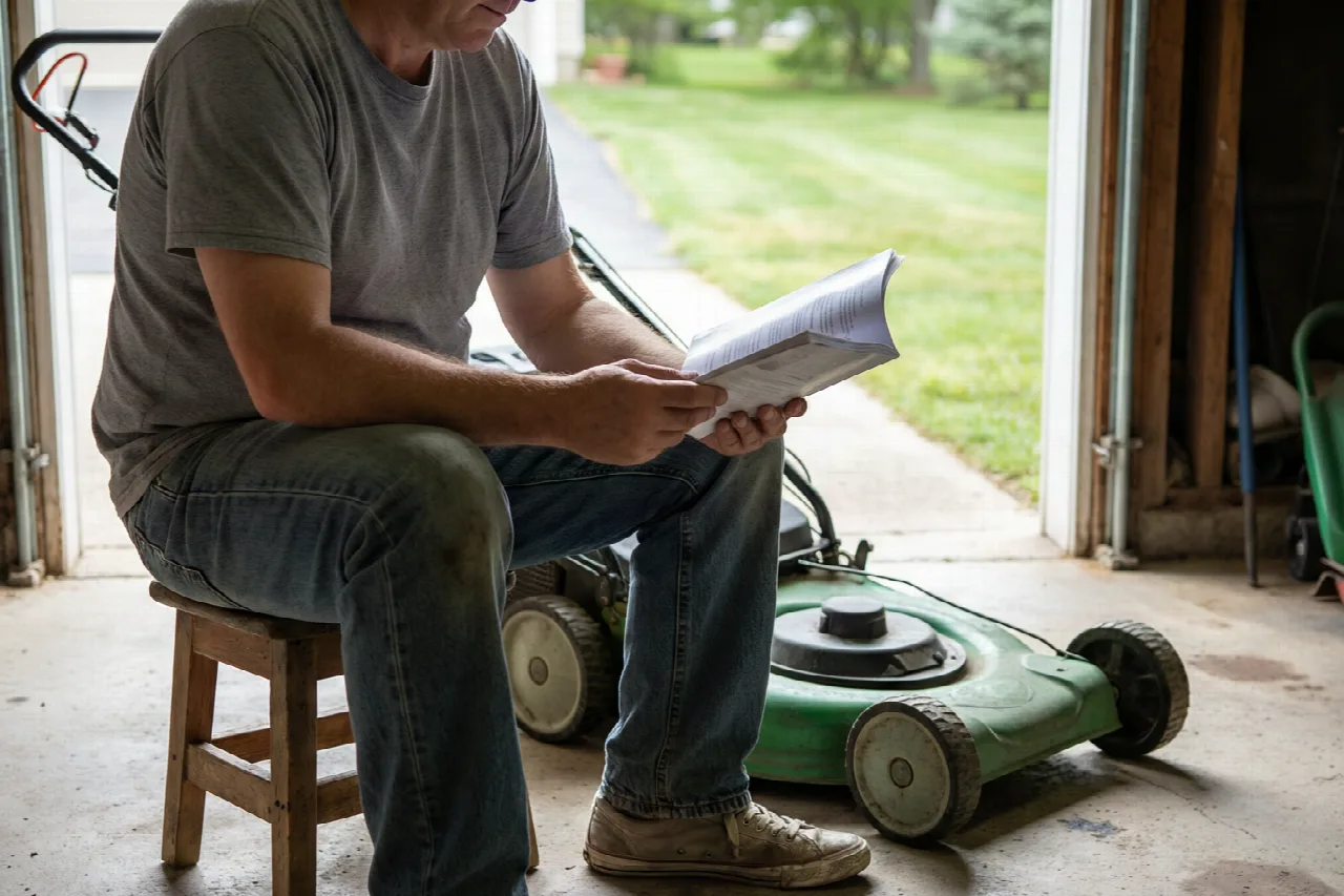 A homeowner sits beside a lawn mower and looks through a paper booklet.
