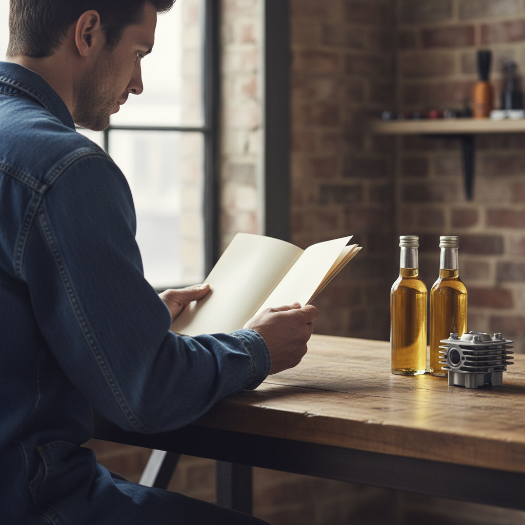Can I Use Synthetic Oil in My Lawn Mower? Person reviewing a booklet next to unmarked oil bottles on a workbench