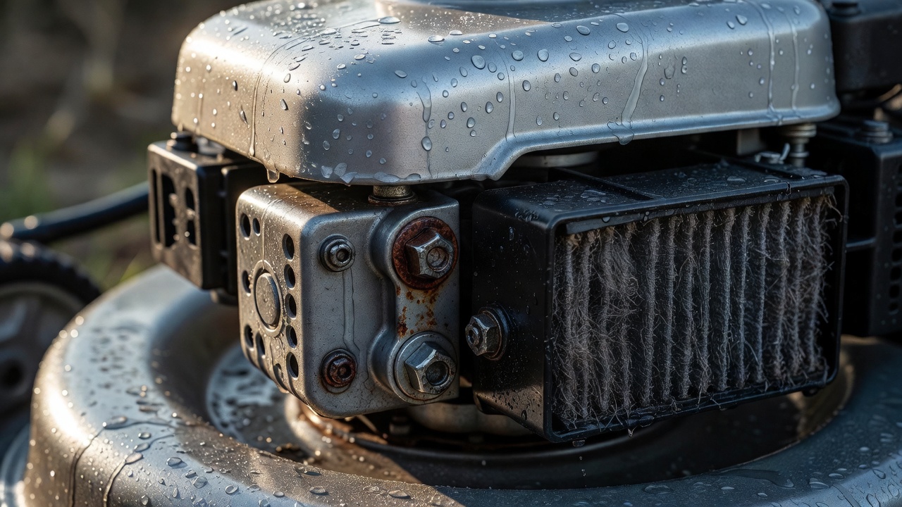 Close-up of mower engine components showing water beads and early corrosion