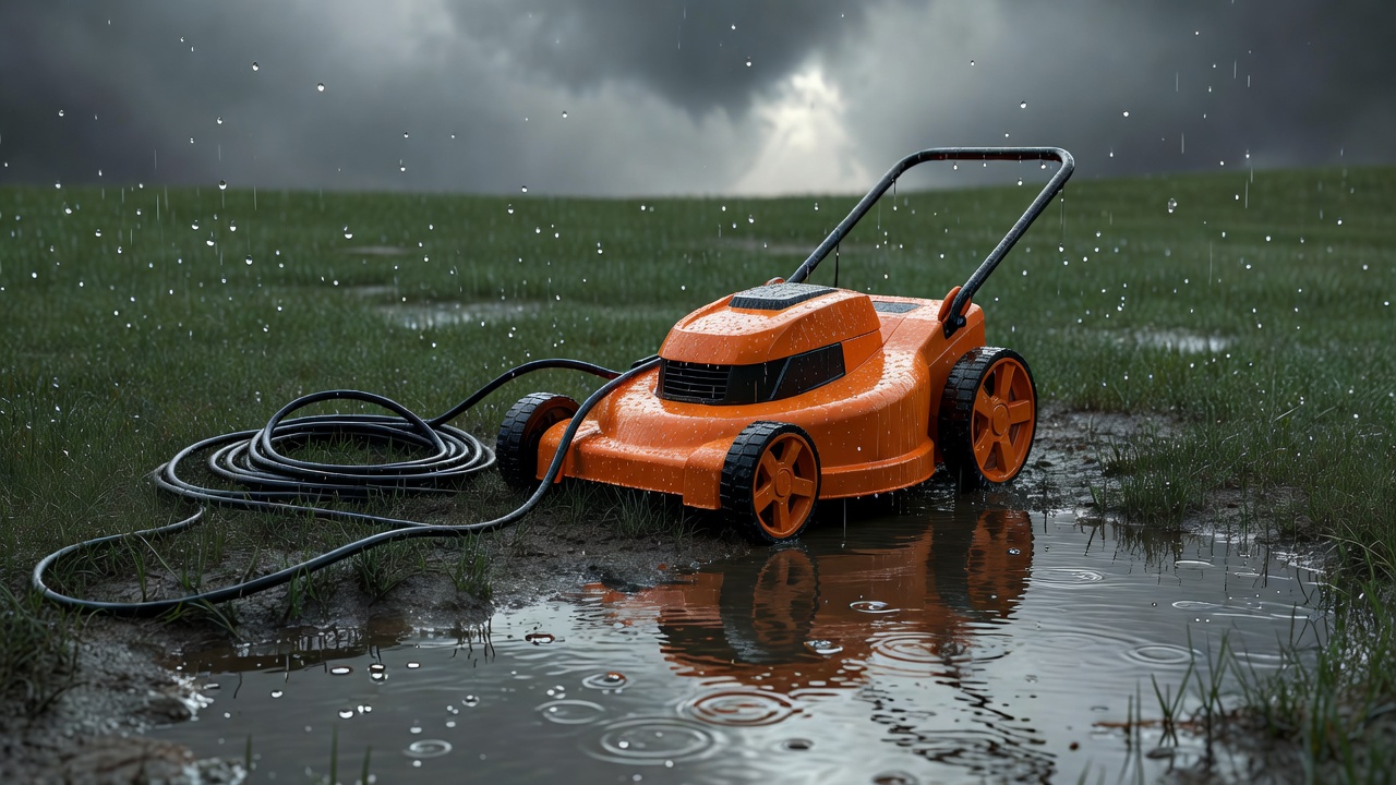 Can You Cut Wet Grass With an Electric Lawn Mower? (Safety Risks & What To Do Instead) Corded electric lawn mower on waterlogged grass with an extension cord lying in puddles on an overcast day