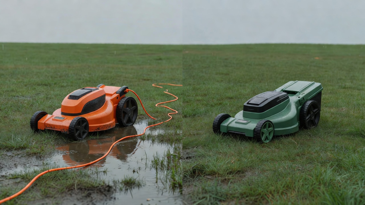 Side-by-side view of a corded electric mower with wet extension cord and a cordless battery mower on damp grass