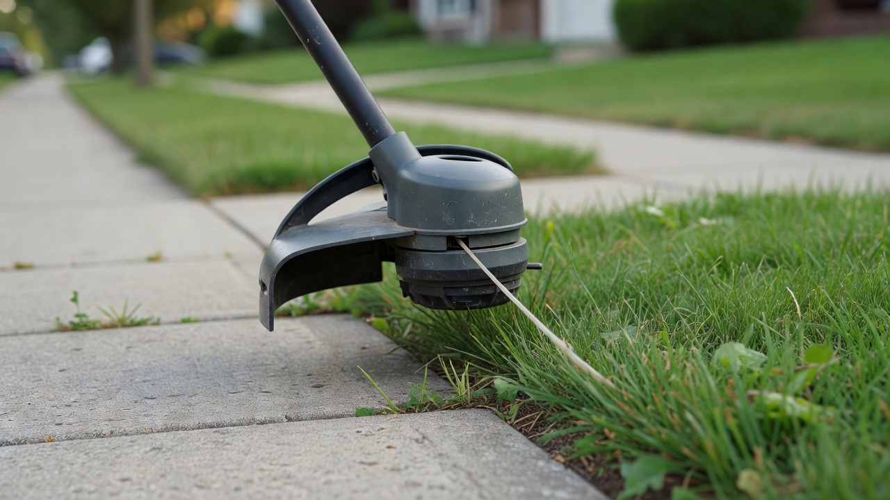 String-trimmer head held vertically along a sidewalk grass edge.