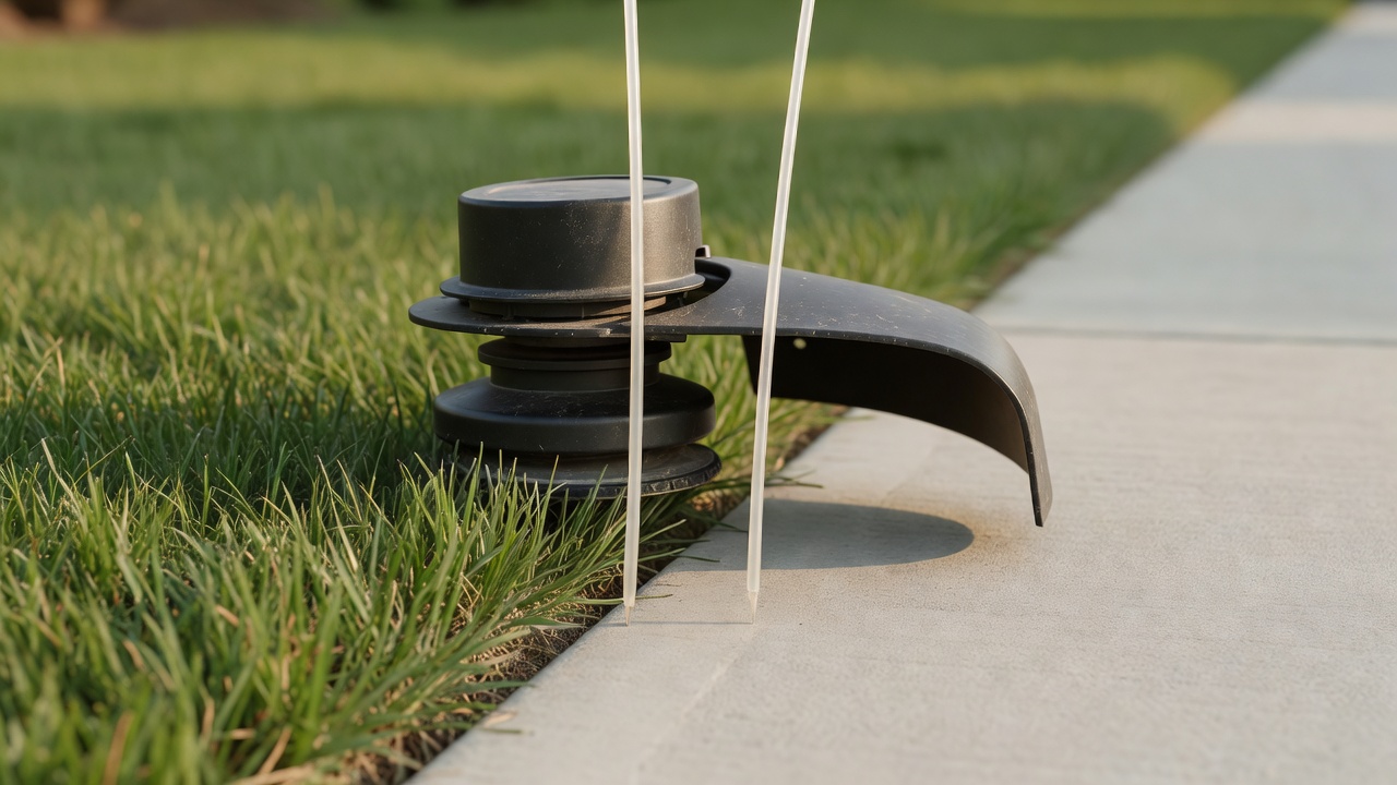 String-trimmer head held vertically at a grass and sidewalk joint