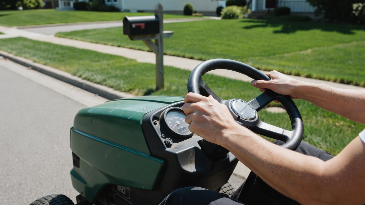 Close-up of hands on a riding lawn mower steering wheel beside a residential street.