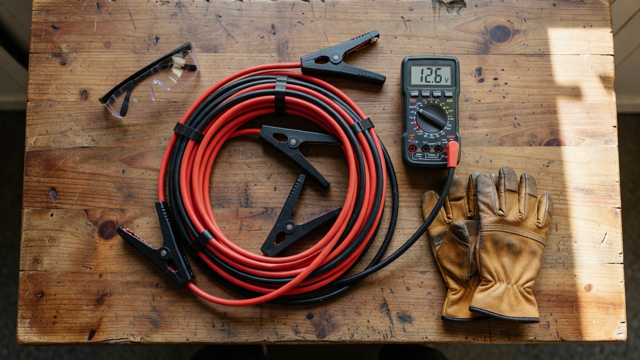 Jumper cables, multimeter, safety glasses, and gloves laid out on a workbench before jump-starting a lawn mower battery