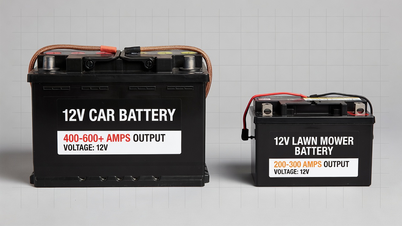 Side-by-side comparison of car battery and lawn mower battery showing size and amperage differences