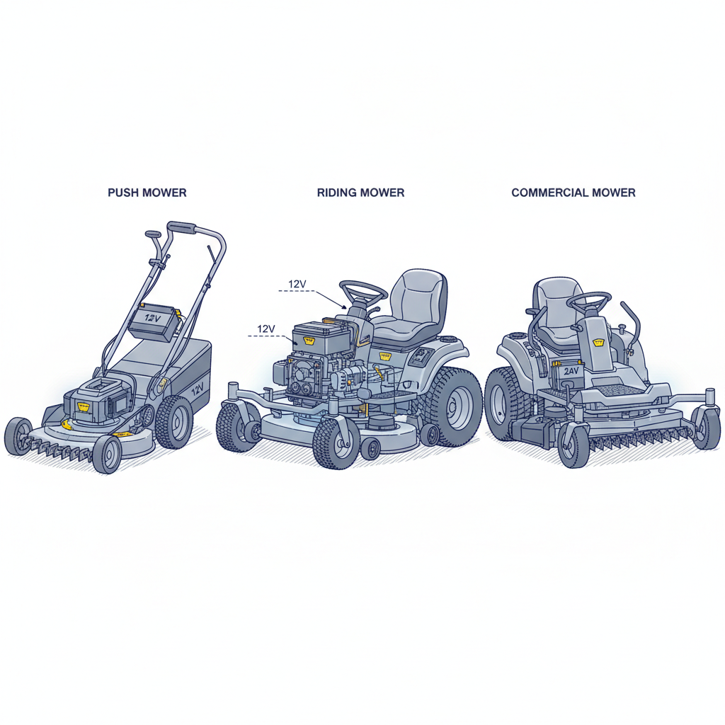 Three lawn mower types showing different battery and electrical system configurations