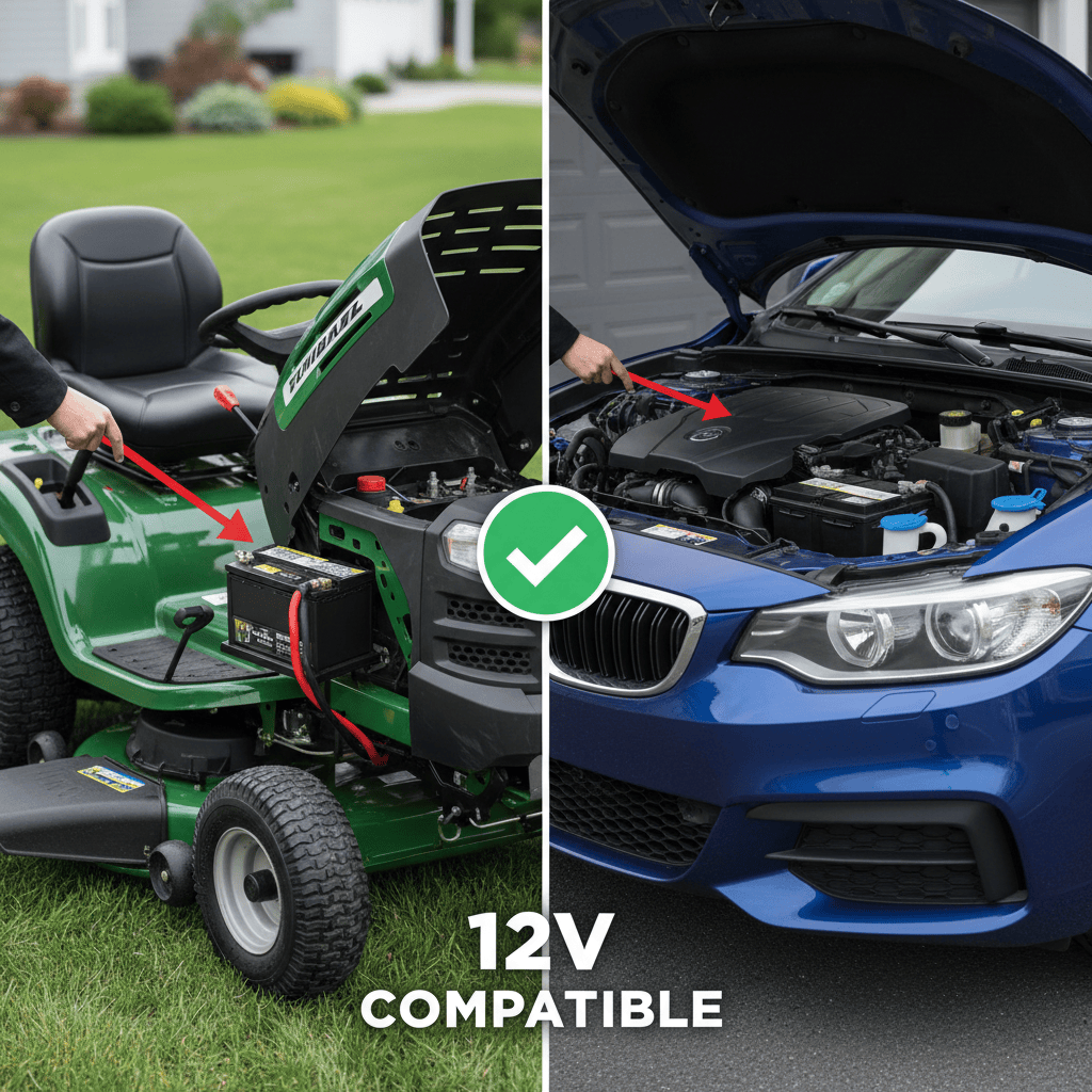 Riding lawn mower and car battery comparison showing jump-start compatibility