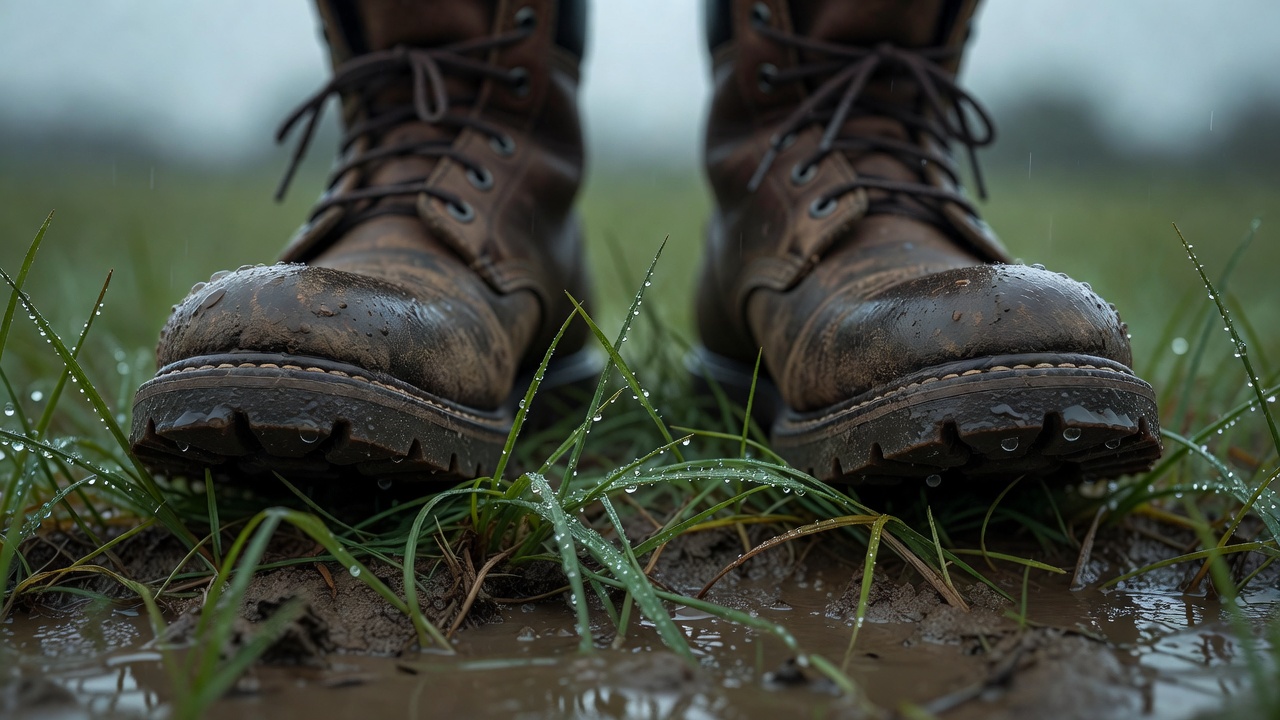 Work boots standing on wet, slippery grass blades.