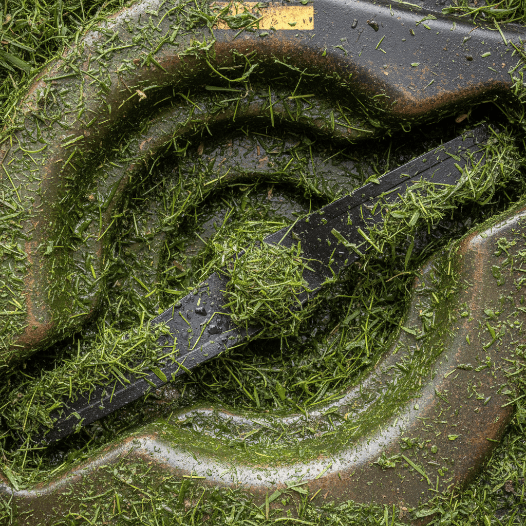 Mower deck clogged with wet grass clippings showing buildup underneath