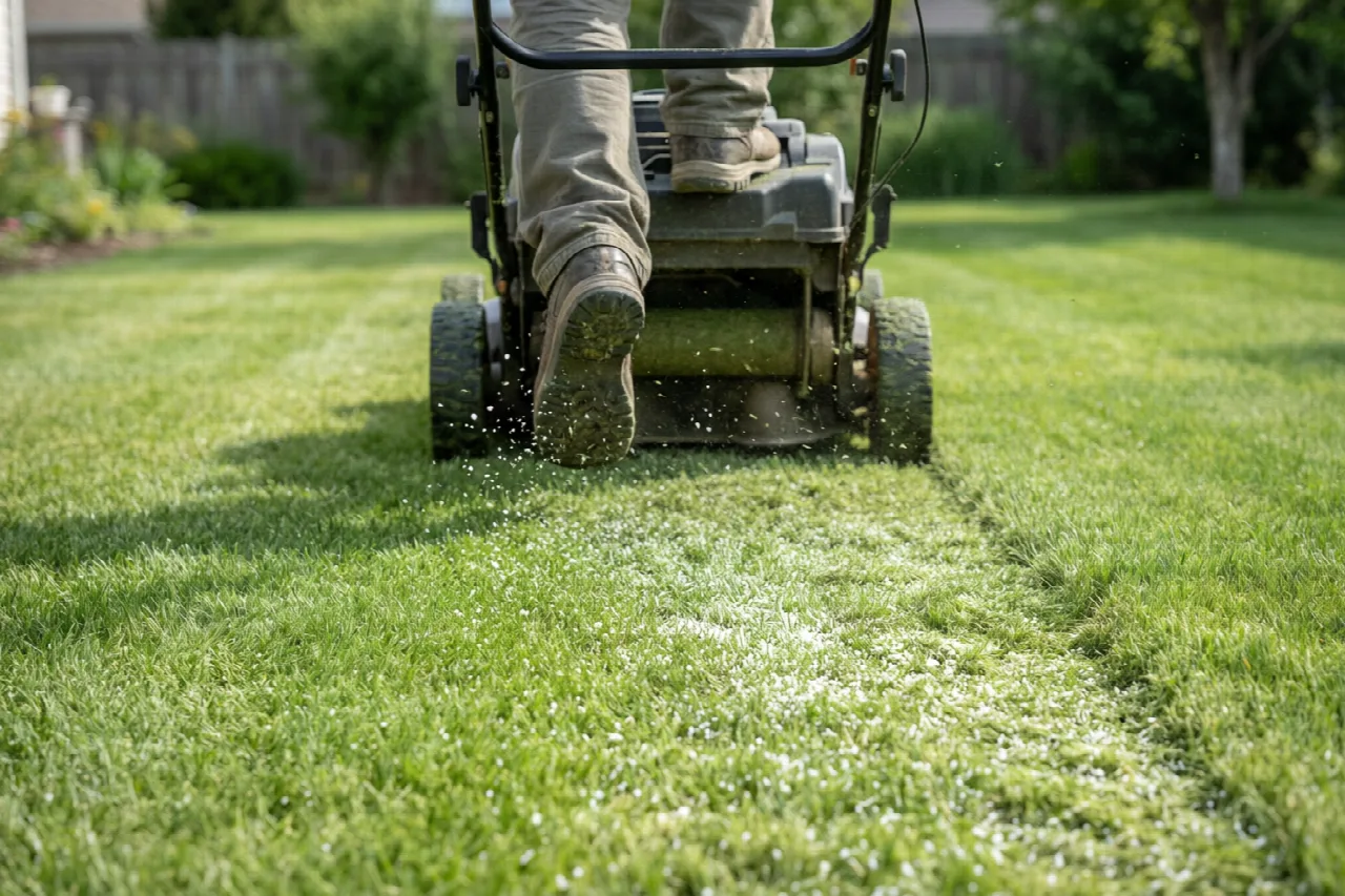 A person mows a lawn still covered with loose fertilizer granules.