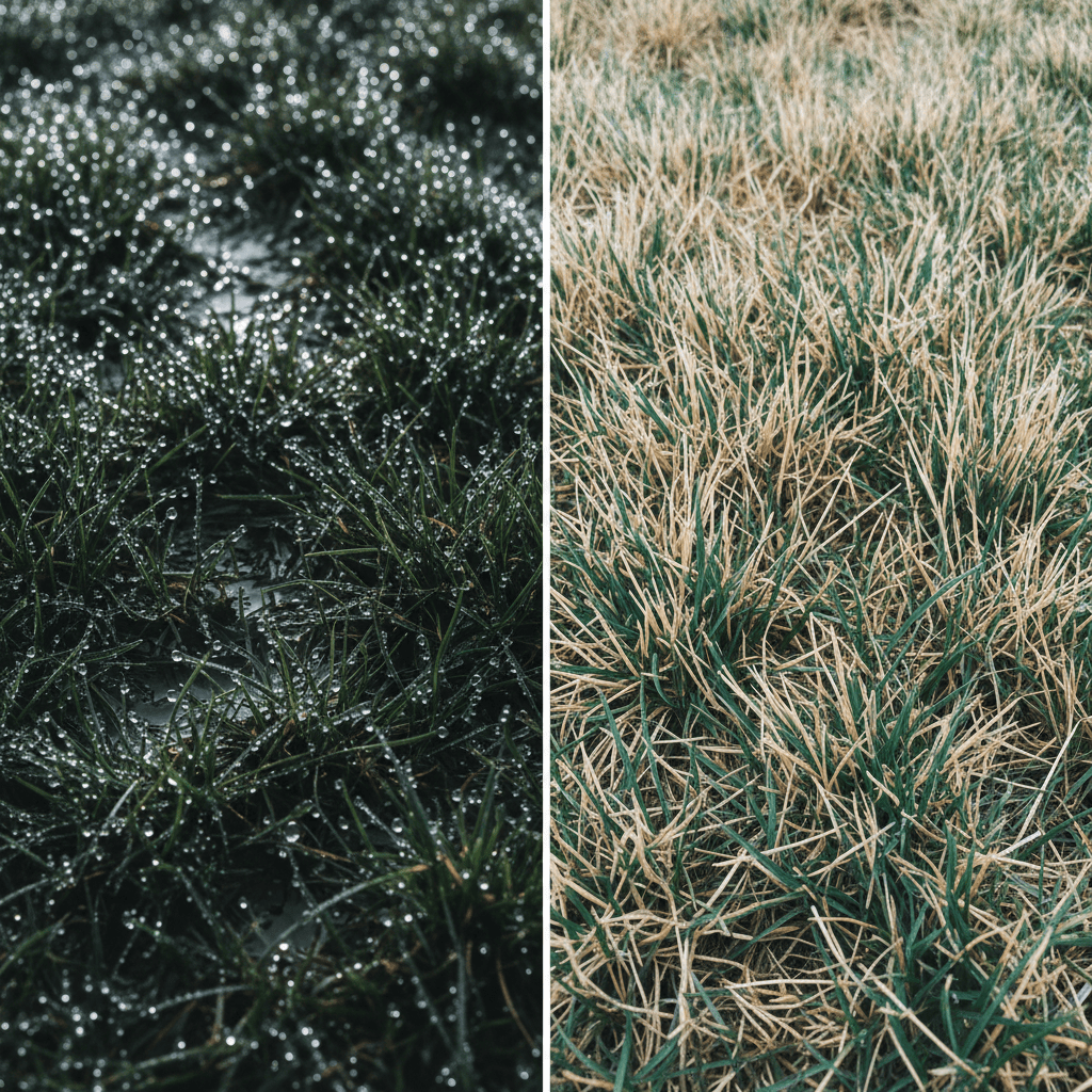 Comparison of wet grass after rain versus dry grass ready for mowing