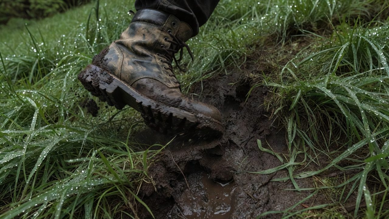 Boot slipping on wet grass on a sloped lawn showing slip-and-fall hazard