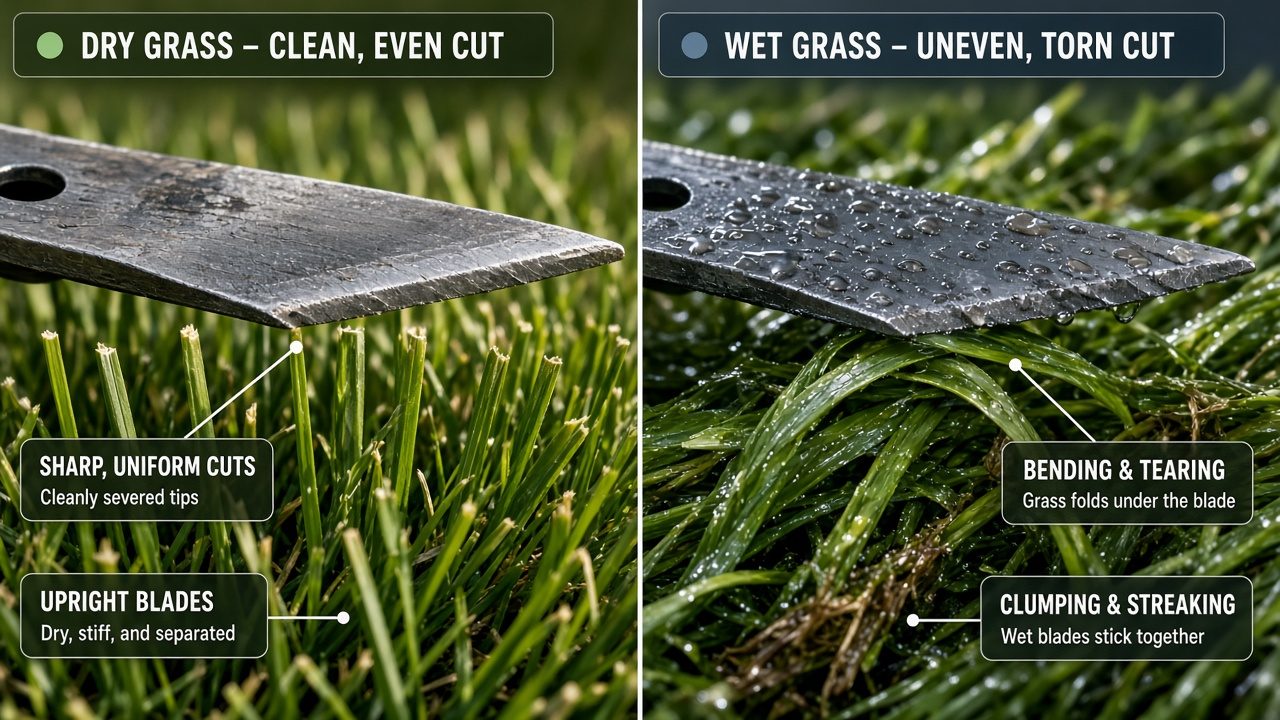 Can You Mow a Wet Lawn? The Short Answer Side-by-side comparison of clean cuts in dry grass versus ragged, uneven cuts in wet grass