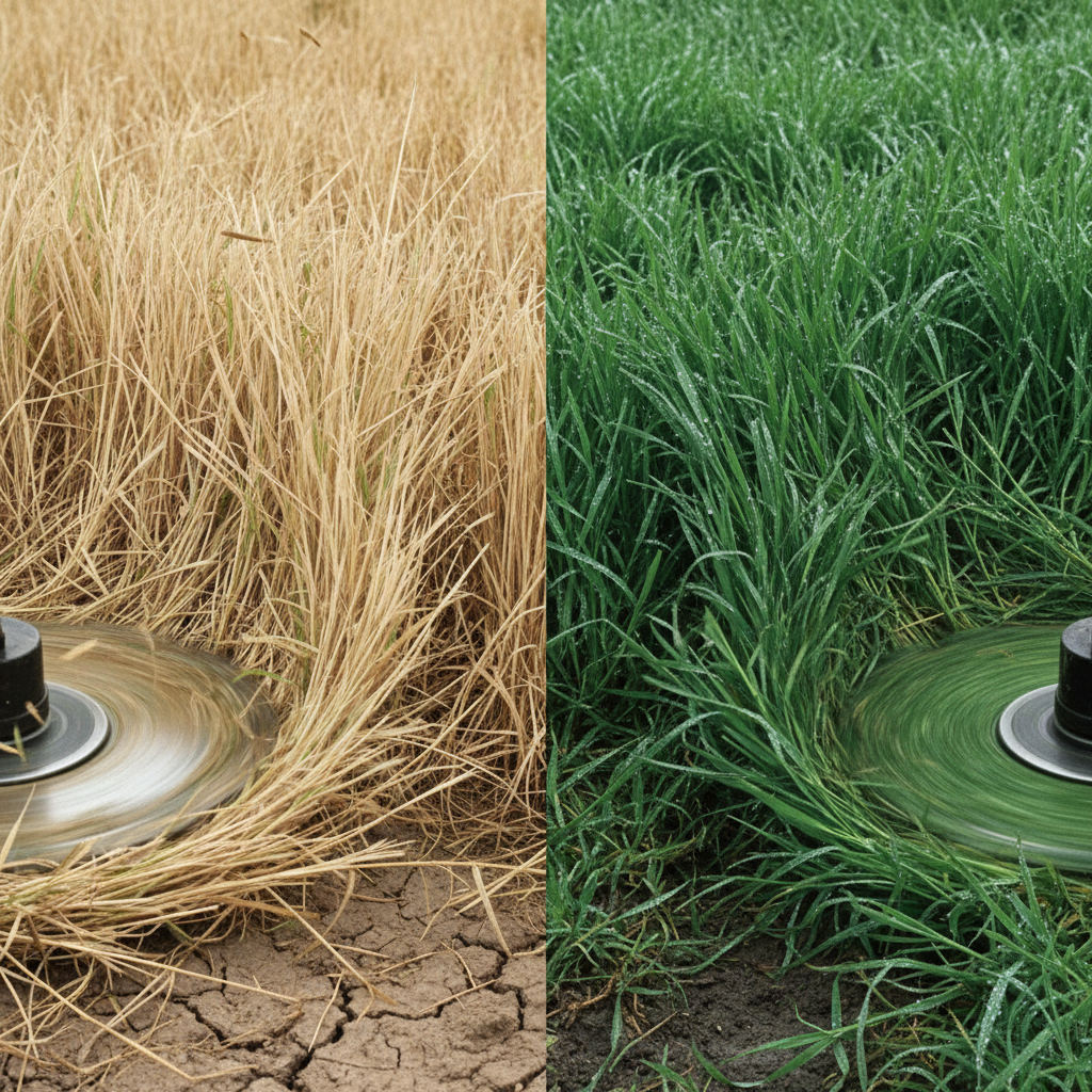 Side-by-side comparison of dry versus wet grass under mower blade contact