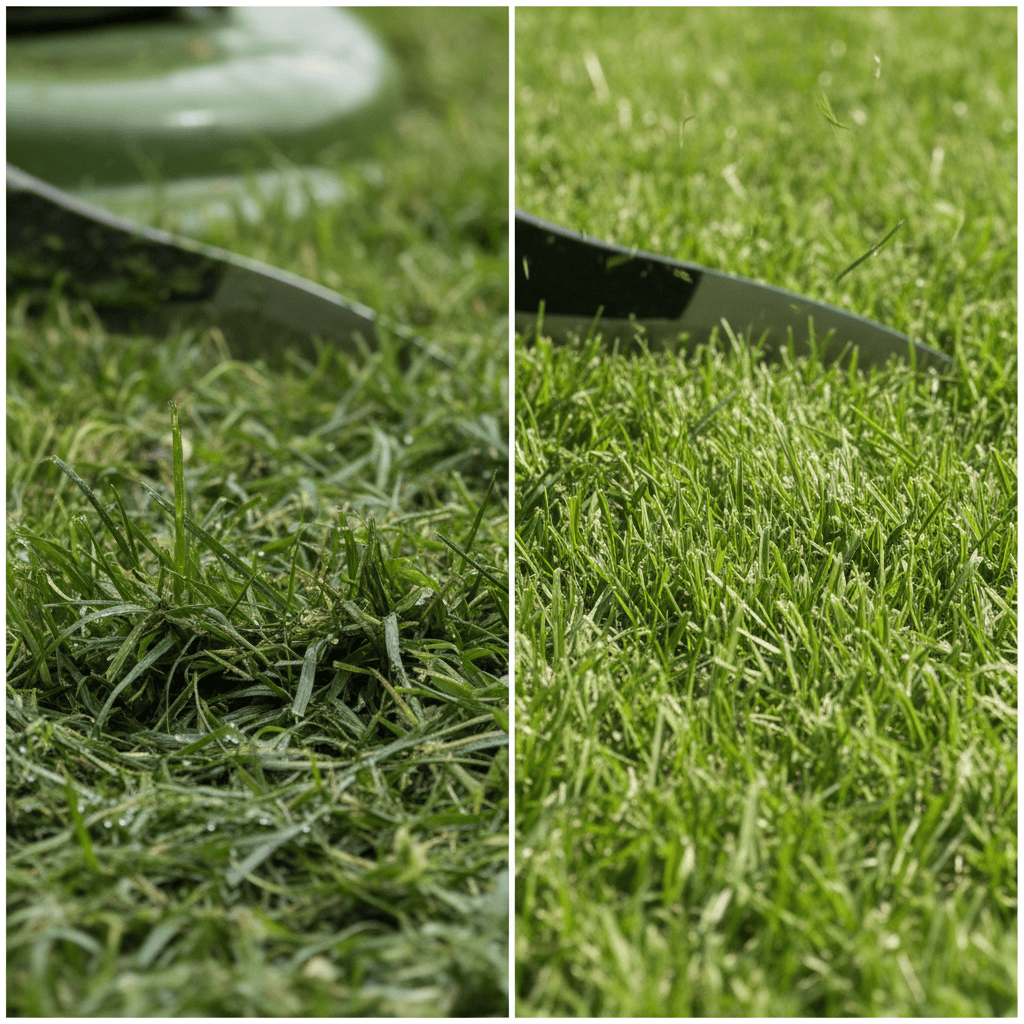 Comparison of wet grass clumping and tearing versus clean cuts on dry grass