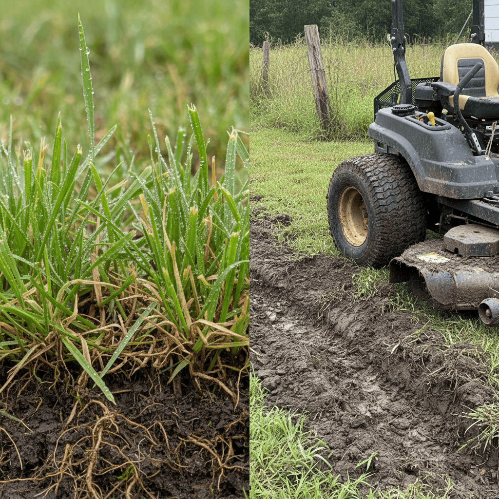 Damaged grass edges and muddy terrain showing mowing hazards