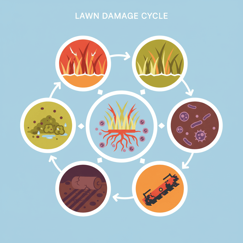 Visual summary of six main risks associated with mowing wet grass
