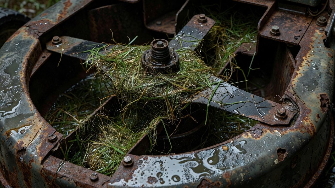 Mower deck interior showing clogged wet grass clippings and rust formation