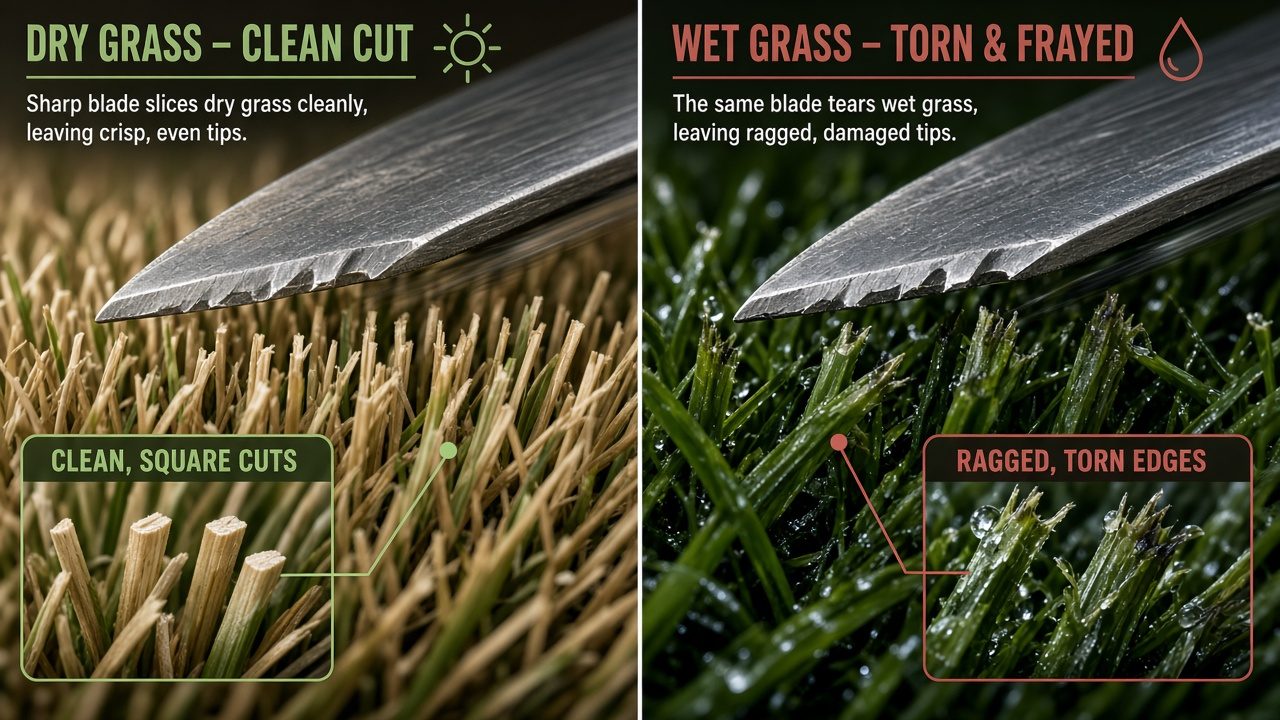 Comparison of clean-cut dry grass versus torn, frayed wet grass blades