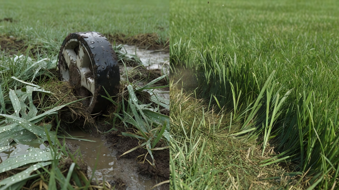 Why You Shouldn’t Mow Wet Grass Comparison of wet grass matting versus dry grass standing upright during mowing