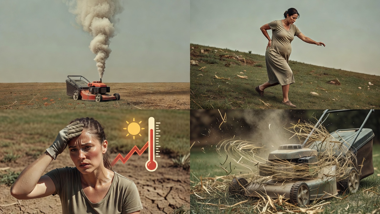 Visual grid illustrating the main lawn mowing hazards during pregnancy including exhaust fumes, fall risk, heat, and airborne allergens