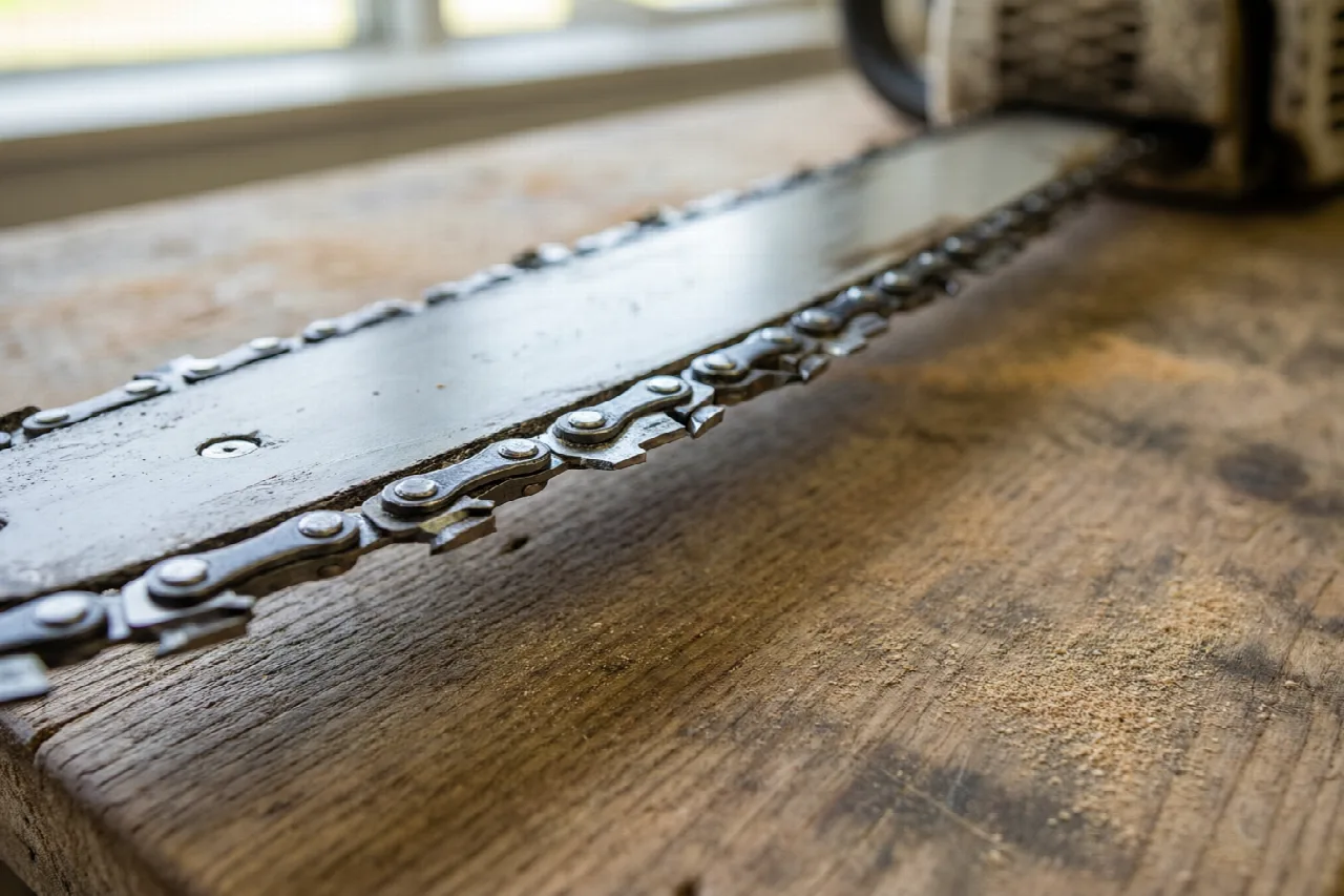 Can You Put a Bigger Bar on a Chainsaw? Close-up of a chainsaw bar with its chain laid out on a bench