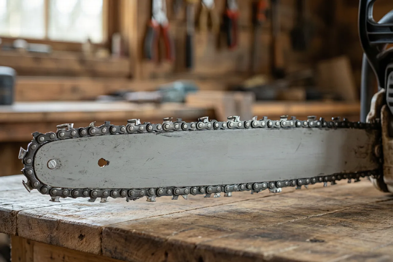 Chainsaw guide bar and chain laid flat on a workbench showing mounting area
