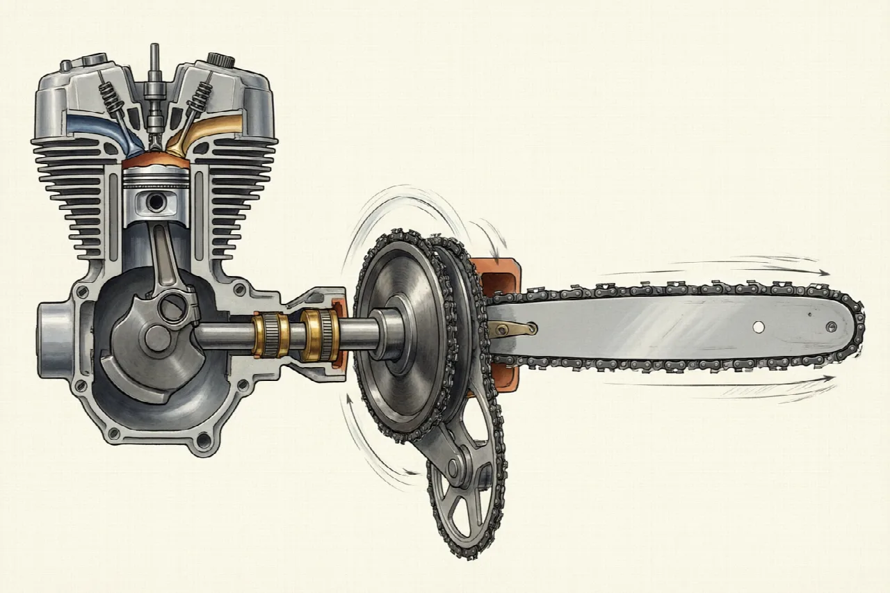 Chainsaw engine and power transmission to the chain and sprocket system.