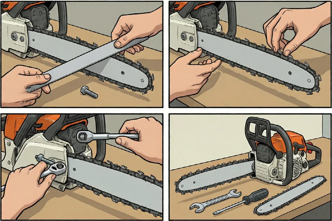Installing a longer bar on a chainsaw with tools and chain.