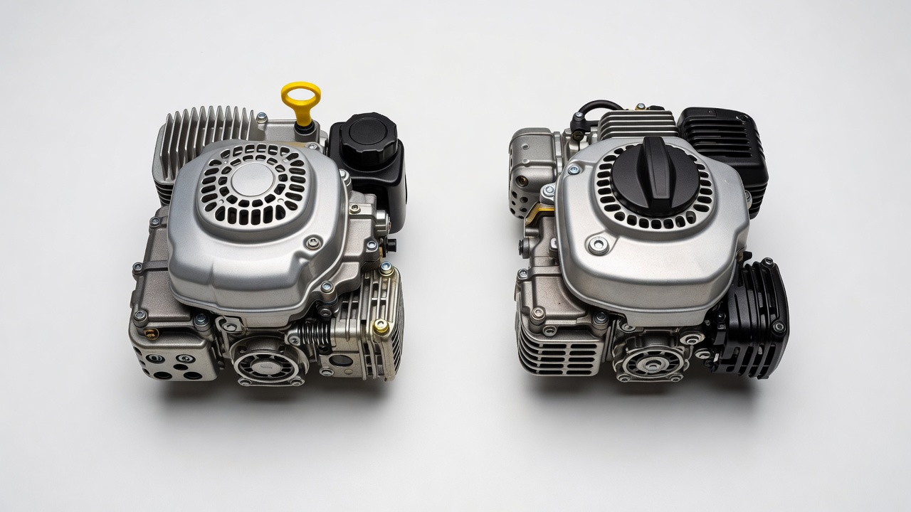 Side-by-side close-up of a 4-stroke lawn mower engine with dipstick and a 2-stroke engine with a single combined fuel cap