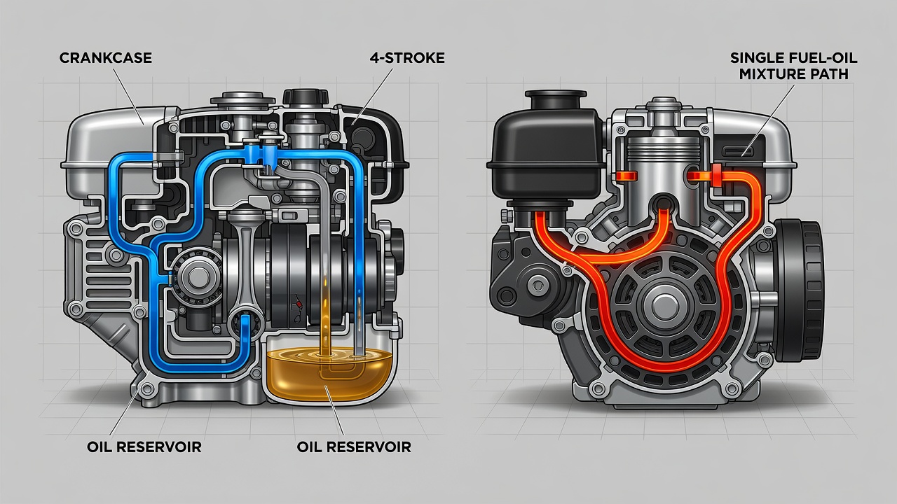Cutaway diagram showing internal oil circulation in 4-stroke versus fuel-oil mixture in 2-stroke engines