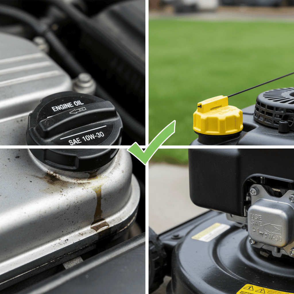 Close-up comparison of a car oil cap and a lawn mower oil cap showing matching viscosity grades.