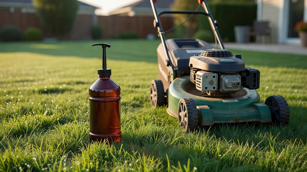 Unlabeled motor oil bottle beside a four-stroke walk-behind mower on a lawn