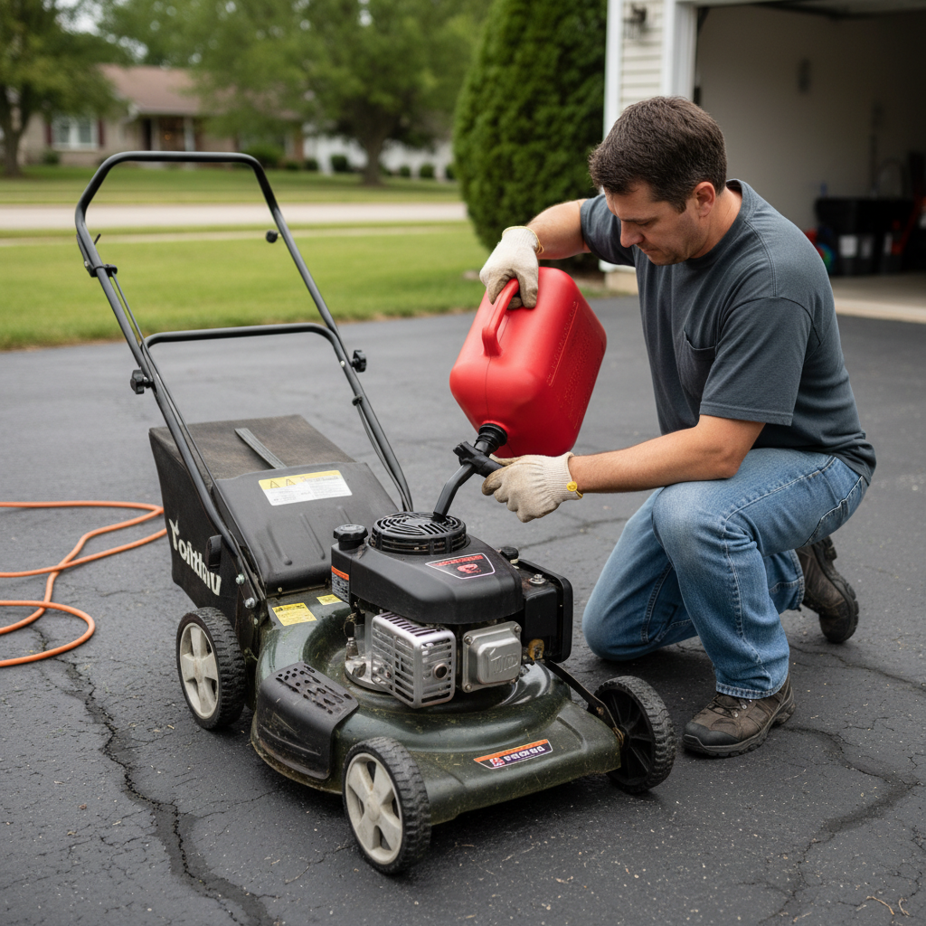 A person carefully pouring fuel from a plain can into a parked lawn mower outdoors.