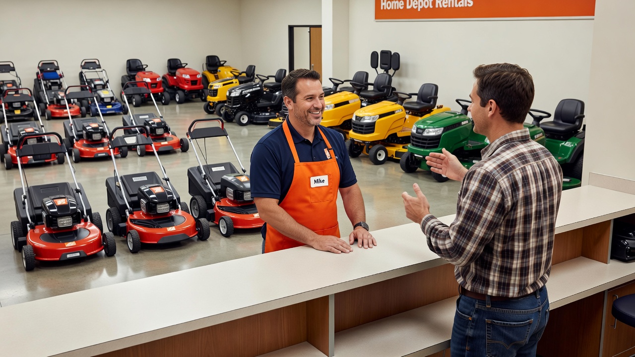 Home Depot rental department with lawn mowers displayed at counter