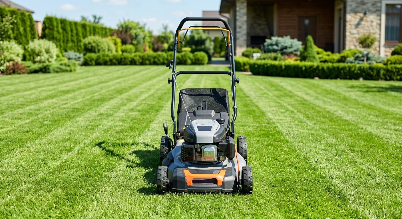 Modern push lawn mower with a grass catcher on a freshly mowed green lawn