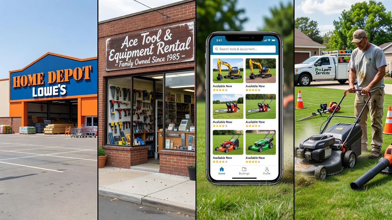 Where to Rent a Lawn Mower Four types of lawn mower rental sources: home improvement stores, equipment shops, apps, and lawn care services