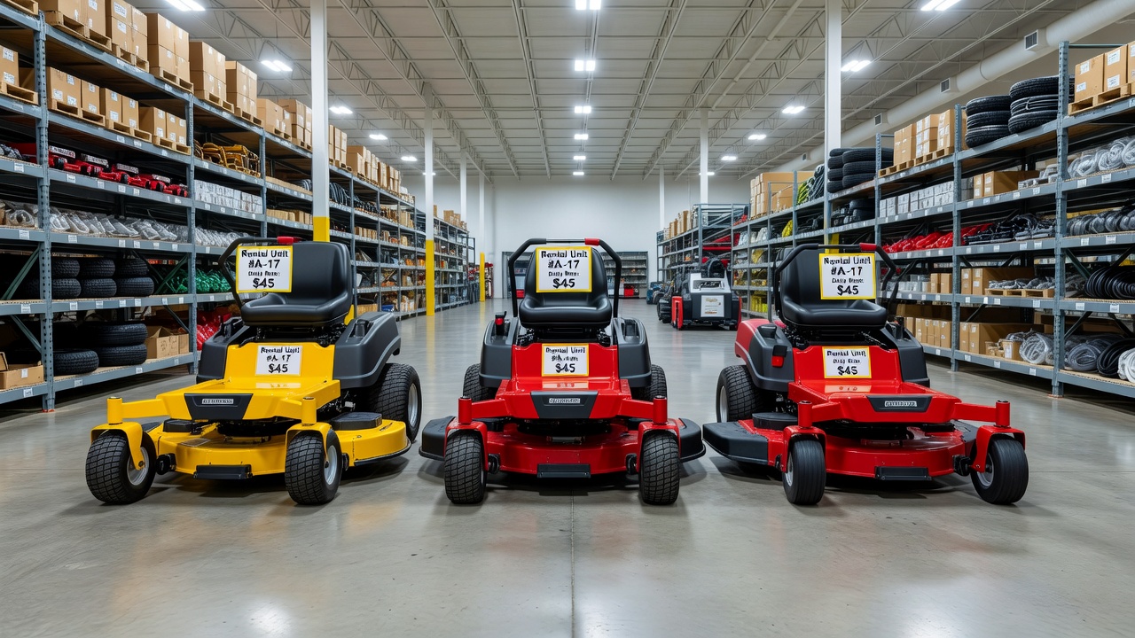 Riding lawn mowers and zero-turn mowers lined up in a home improvement store rental department