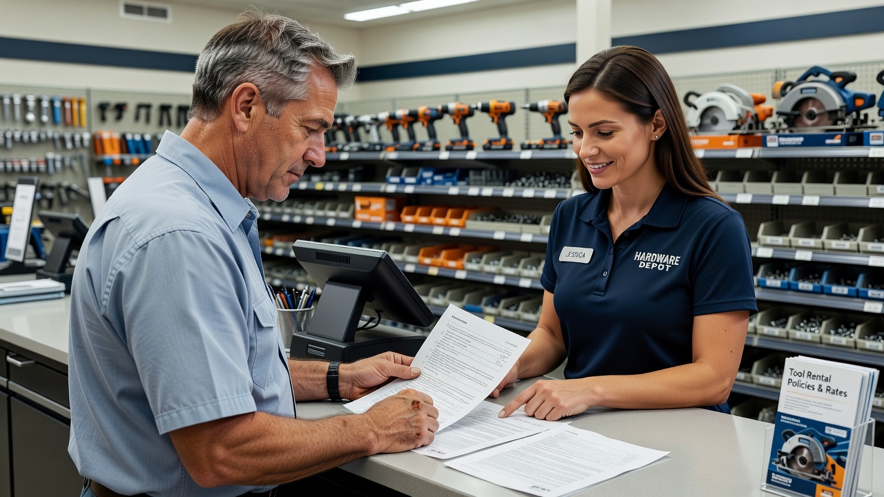 Customer completing a lawn mower rental agreement at a store service counter.