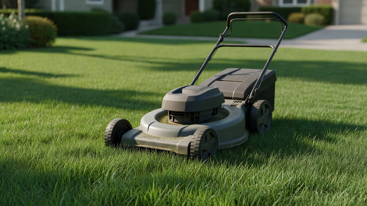 Can You Sharpen Lawn Mower Blades Yourself? A walk-behind mower sitting on an evenly cut green residential lawn.