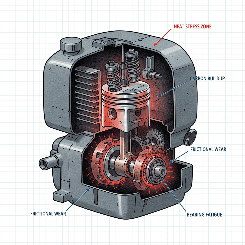 Internal view of lawn mower engine components