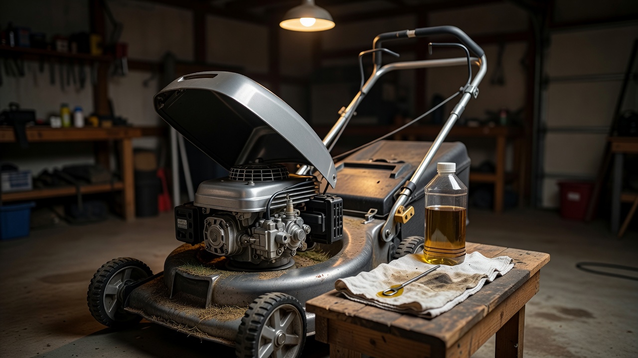 Open lawn mower engine with an oil bottle and dipstick on a workshop bench.