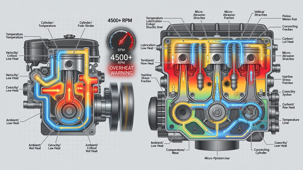 Cross-section comparison of lawn mower and car engine designs showing different internal passages and operating temperatures