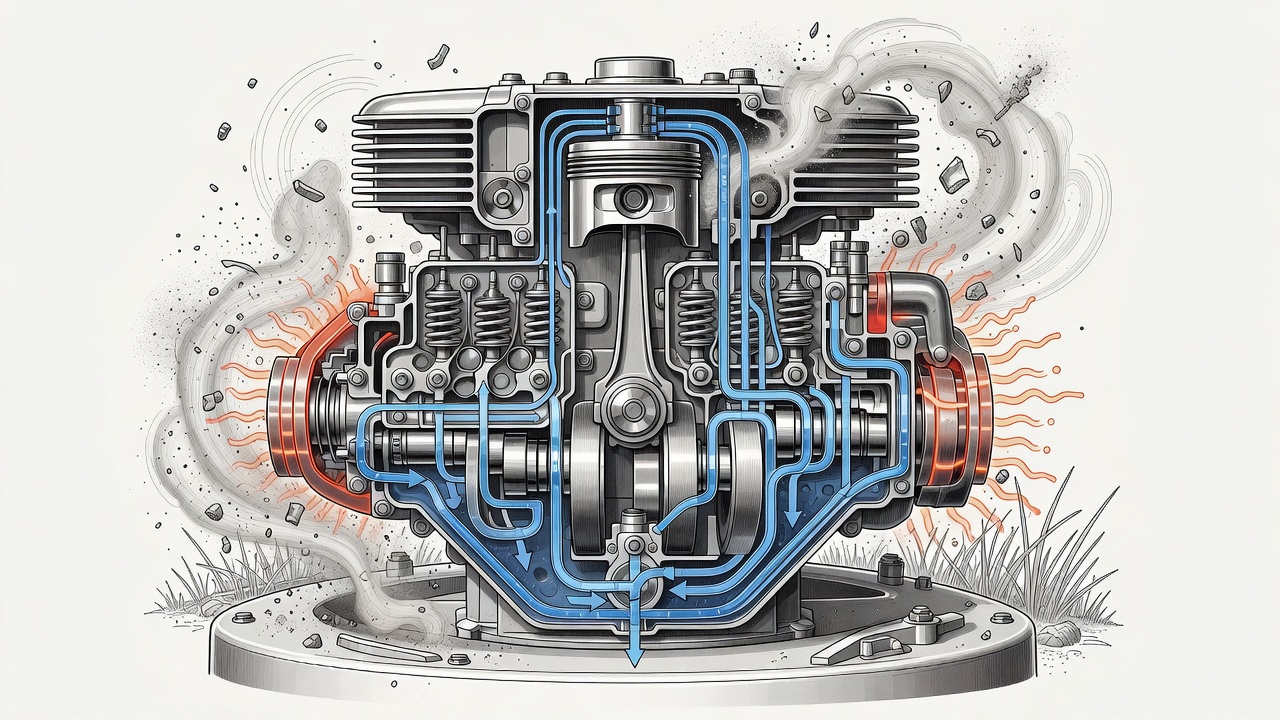 Lawn mower engine cutaway showing internal components and oil circulation pathways