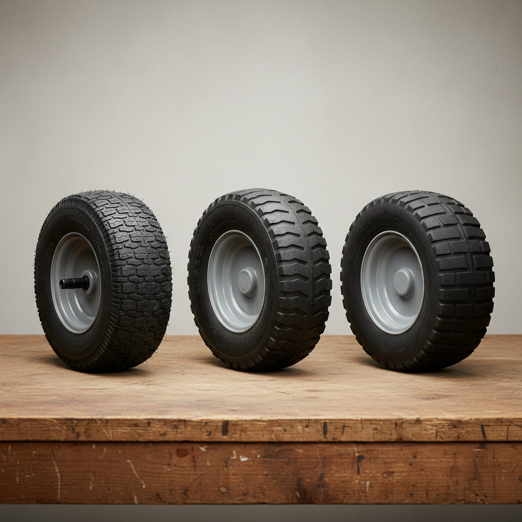 Can You Use Fix-a-Flat on Lawn Mower Tires? Three mower wheels showing air-filled, foam-filled, and solid tires