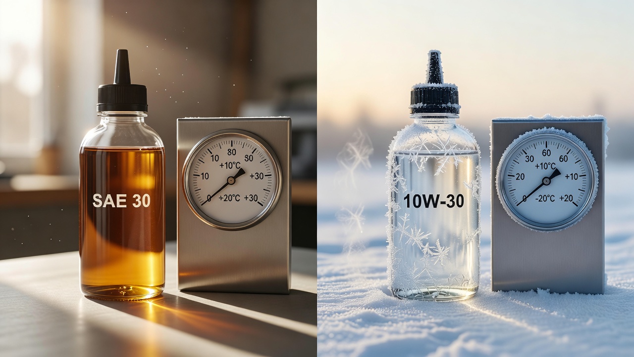SAE 30 and 10W-30 oil bottles compared side by side