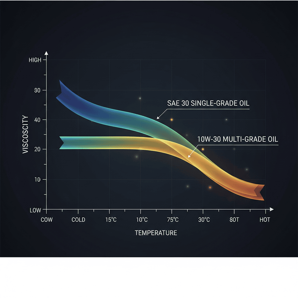 Viscosity comparison chart showing single-grade versus multi-grade oil behavior across temperature ranges